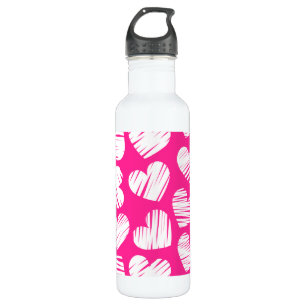 Modern Pink and White Doodled Heart Valentines Day Water Bottle