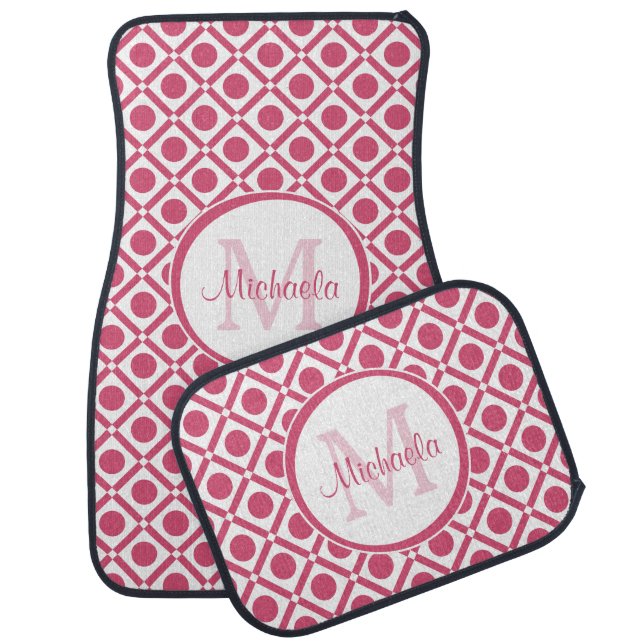 Modern Pink and White Geometric Monogram With Name Car Mat (Set)