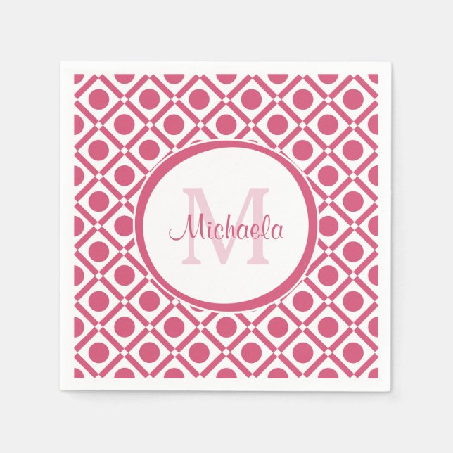 Modern Pink and White Geometric Monogram With Name Paper Napkins (Front)