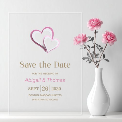 Modern Pink and White Hearts Wedding Acrylic Invitations