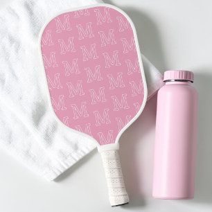 Modern Pink and White Initial Monogram Pattern Pickleball Paddle