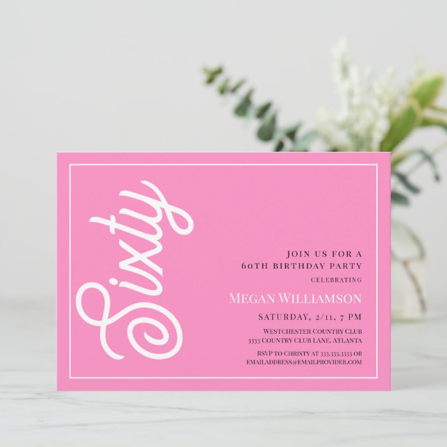 Modern Pink and White Script 60th Birthday Invitation (Standing Front)