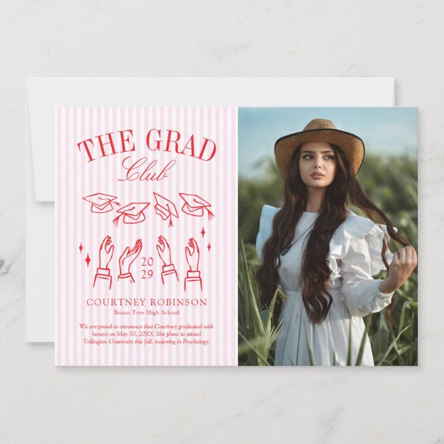 Modern Pink and White Stripe Photo Graduation Announcement (Front)