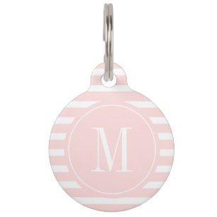 Modern Pink and White Stripe with Monogram  Pet ID Tag