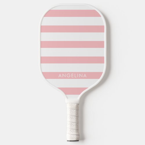 Modern Pink and White Striped Pattern Custom Name Pickleball Paddle