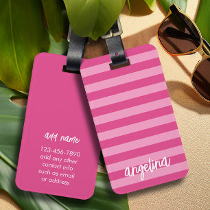 Modern Pink and White Striped Pattern Script Name Luggage Tag