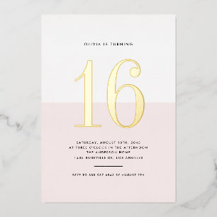 Modern Pink and White Sweet Sixteen Gold Foil Invitation