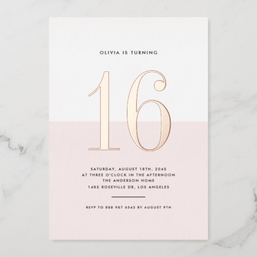Modern Pink and White Sweet Sixteen Rose Gold Foil Foil Invitation