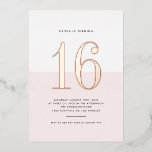 Modern Pink and White Sweet Sixteen Rose Gold Foil Invitation<br><div class="desc">Invite guests to your event with this customizable sweet sixteen party invitation. It features a pink and white color block with modern typography. Personalize this modern sweet 16 invitation by adding your event details. This rose gold foil sweet sixteen invitation is available in other foil colors.</div>