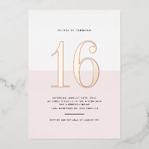 Modern Pink and White Sweet Sixteen Rose Gold Foil Invitation