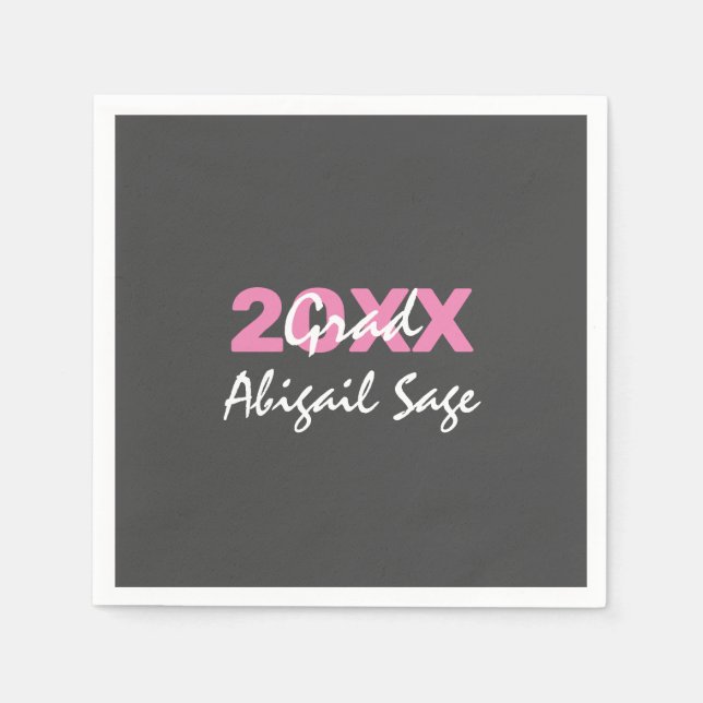 Modern Pink and White Text on Grey Graduation Napkins (Front)