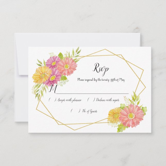 Modern Pink and Yellow Daisies Geometric RSVP Card (Front)