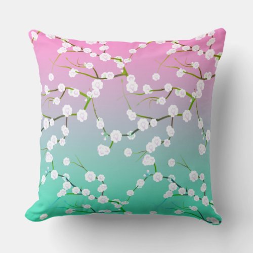 Modern pink aqua ombre cherrie blossom floral throw pillow