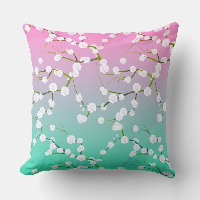 Modern pink aqua ombre cherrie blossom floral throw pillow (Front)