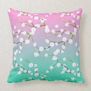 Modern pink aqua ombre cherrie blossom floral throw pillow