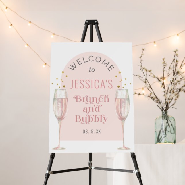 Modern pink arch Brunch & bubbly welcome sign (In Situ (Stand))