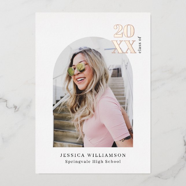 Modern Pink Arch Photo Grad Real Rose Gold  Foil Invitation (Front)