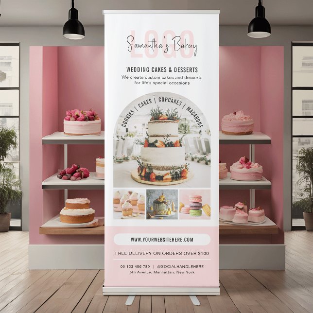 Modern Pink Arch Photos Promotional Dessert Bakery Retractable Banner (Bakery promotional banner with photos, your logo & custom text *mockup background is Ai generated)
