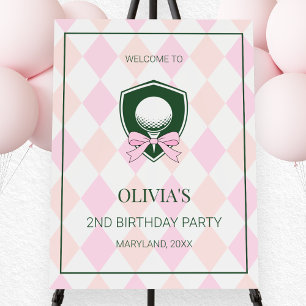 Modern Pink Argyle Girls Golf 2nd Birthday Welcome Foam Board