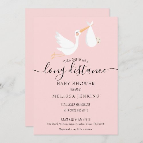 Modern Pink Baby Girl Long Distance Shower By Mail Invitation