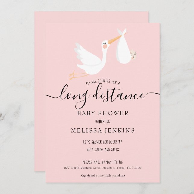 Modern Pink Baby Girl Long Distance Shower By Mail Invitation (Front/Back)