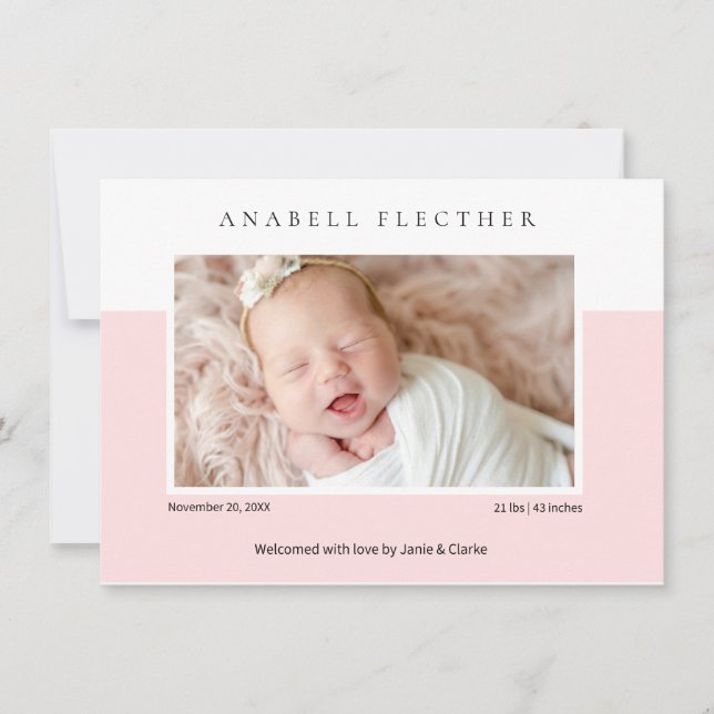 Modern Pink Baby Girl Photo Birth  Announcement (Front)