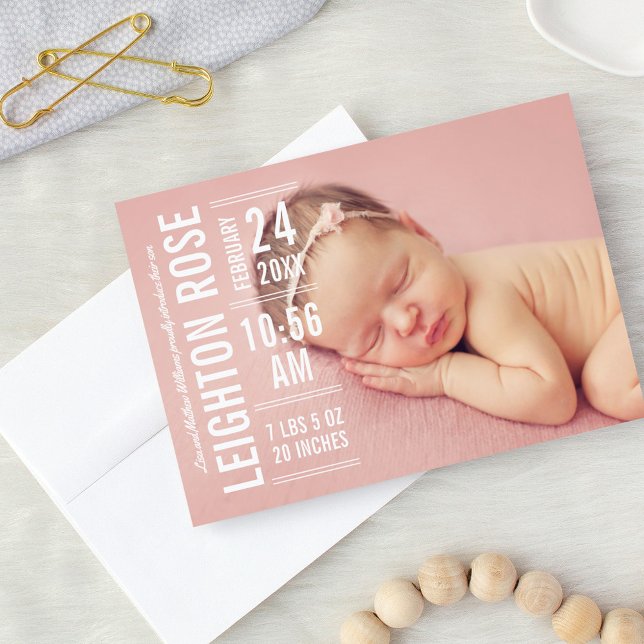 Modern Pink Baby Girl Photo Birth Announcement (Creator Uploaded)