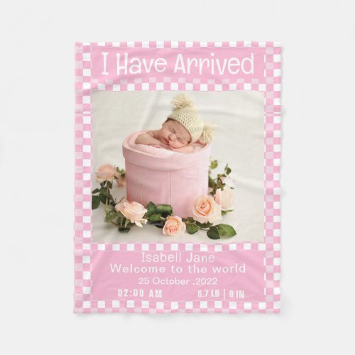 Modern Pink Baby Girl Photo Birth Announcement  Fleece Blanket