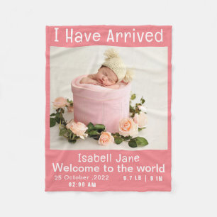 Modern Pink Baby Girl Photo Birth Announcement Fleece Blanket