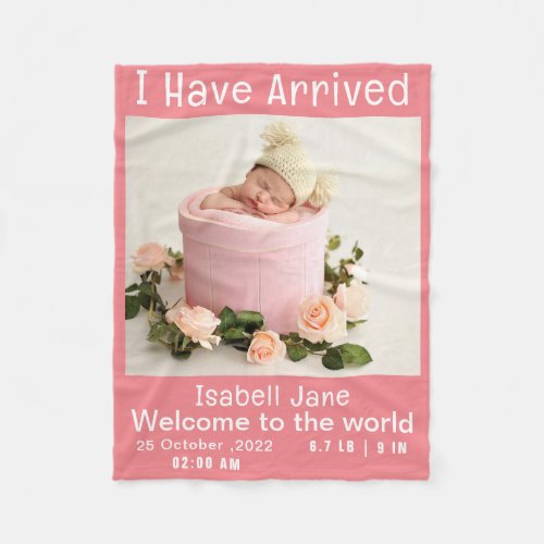Modern Pink Baby Girl Photo Birth Announcement  Fleece Blanket