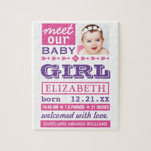 Modern Pink Baby Girl Photo Birth Announcement Jigsaw Puzzle