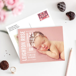 Modern Pink Baby Girl Photo Newborn Announcement Postcard