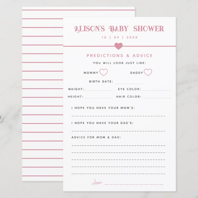 Modern Pink Baby Shower Advice and Predictions (Front/Back)