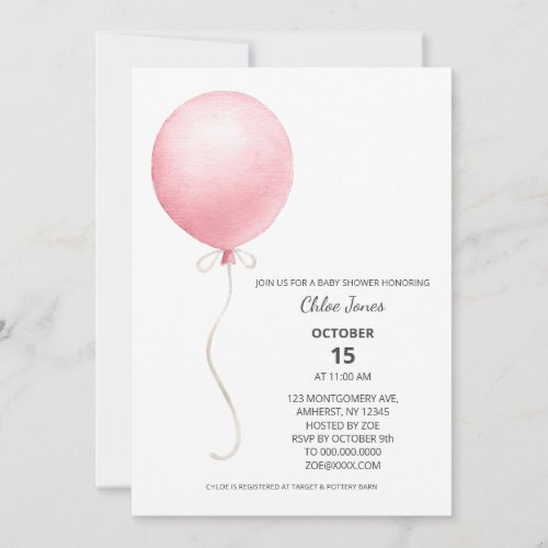 Modern Pink Balloon Girl Baby Shower Invitation