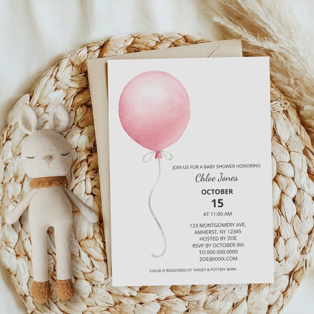 Modern Pink Balloon Girl Baby Shower Invitation (Creator Uploaded)
