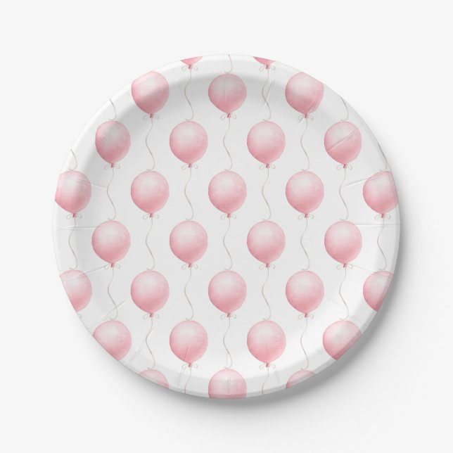 Modern Pink Balloon Girl Baby Shower Paper Plates (Front)