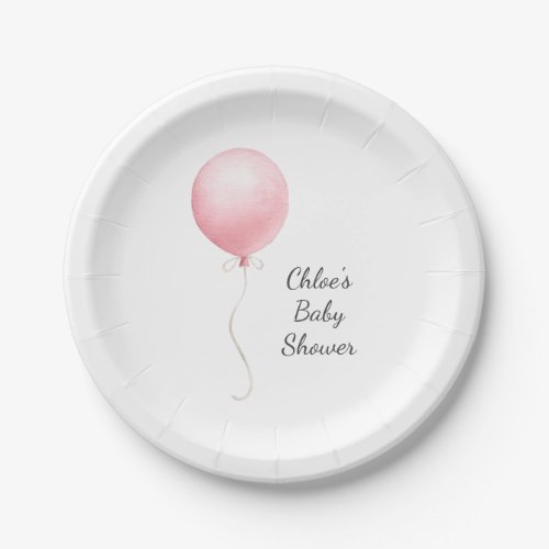 Modern Pink Balloon Girl Baby Shower Paper Plates