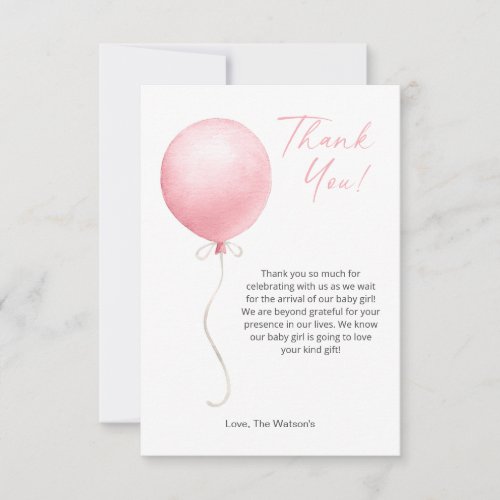 Modern Pink Balloon Girl Baby Shower Thank You Card