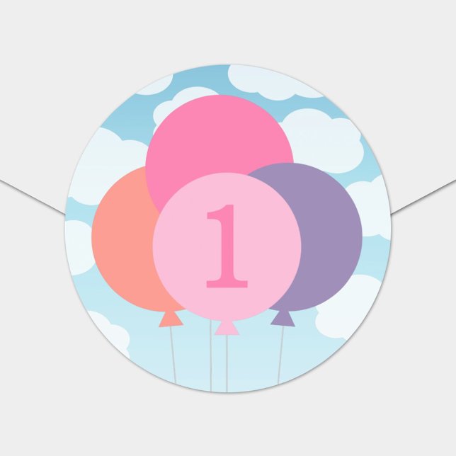 Modern Pink Balloons Baby Girl First Birthday Classic Round Sticker (Creator Uploaded)