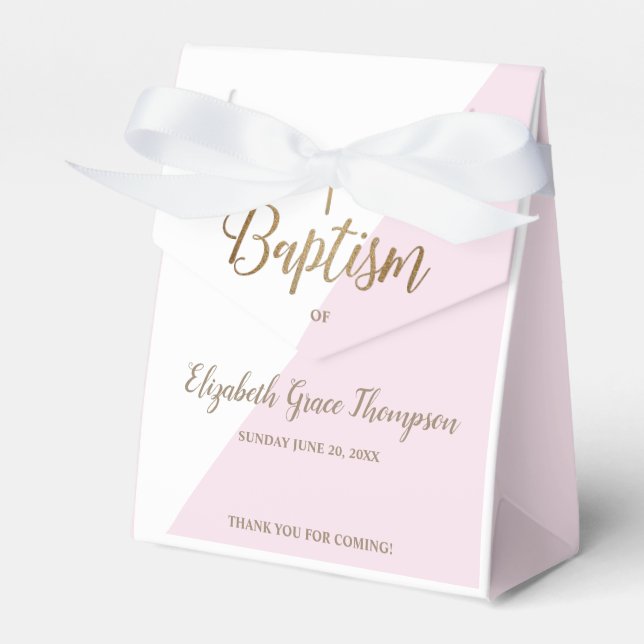 Modern Pink Baptism Baby Girl Thank you Gold Cross Favor Boxes (Front Side)
