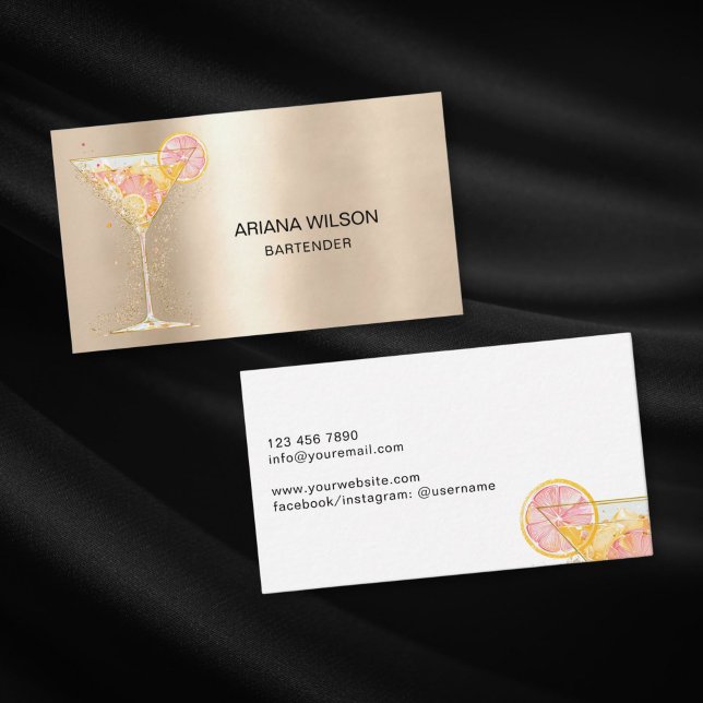 Modern Pink Bartender Cocktail Bow Bar Club Event Business Card (PINK AND YELLOW MARTINI GLASS WITH GOLD GLITTER)