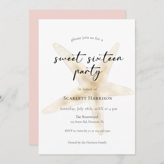 Modern Pink Beach Sweet Sixteen Party Invitation (Front/Back)