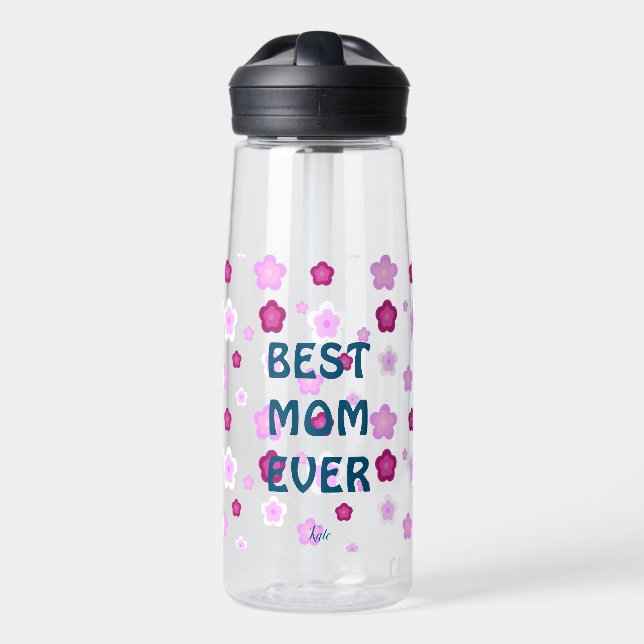 Modern pink best mom ever cute flower pattern water bottle (Front)