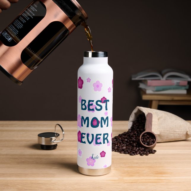 Modern pink best mom ever cute flower pattern water bottle (Coffee)