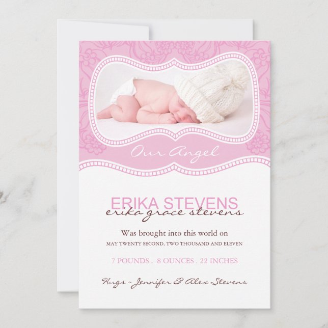 Modern Pink Birth Announcement Photo card (Front)