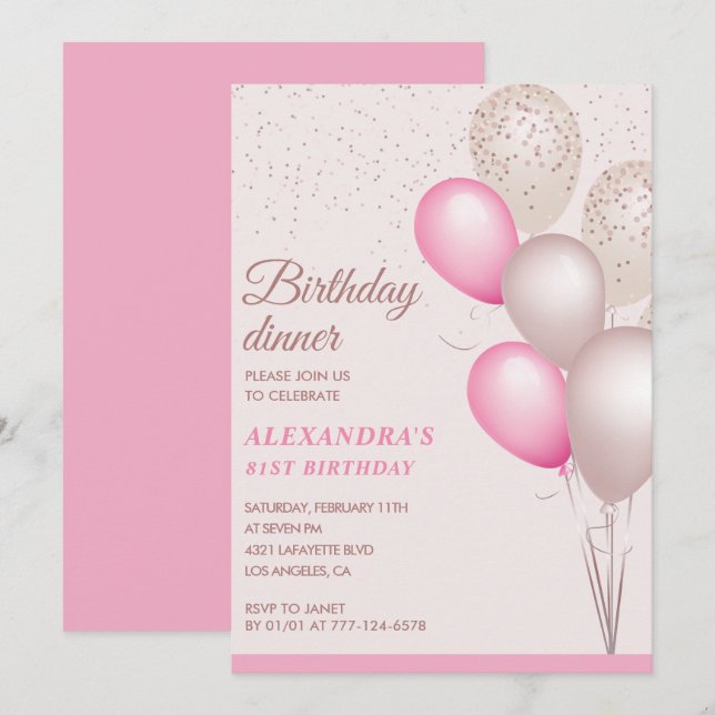 Modern Pink Birthday dinner 81st birthday Invitation (Front/Back)