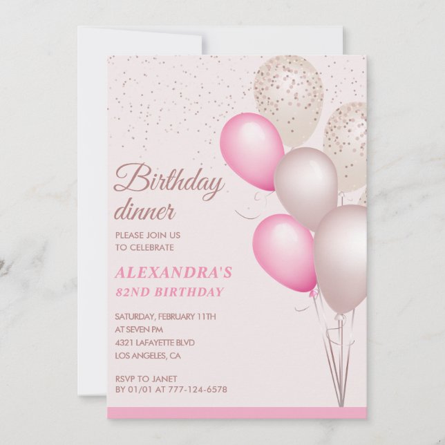 Modern Pink Birthday dinner 82nd birthday Invitation (Front)