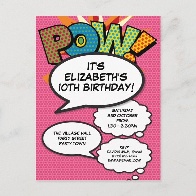 Modern Pink Birthday Party Fun Comic Book Invitation Postcard (Front)