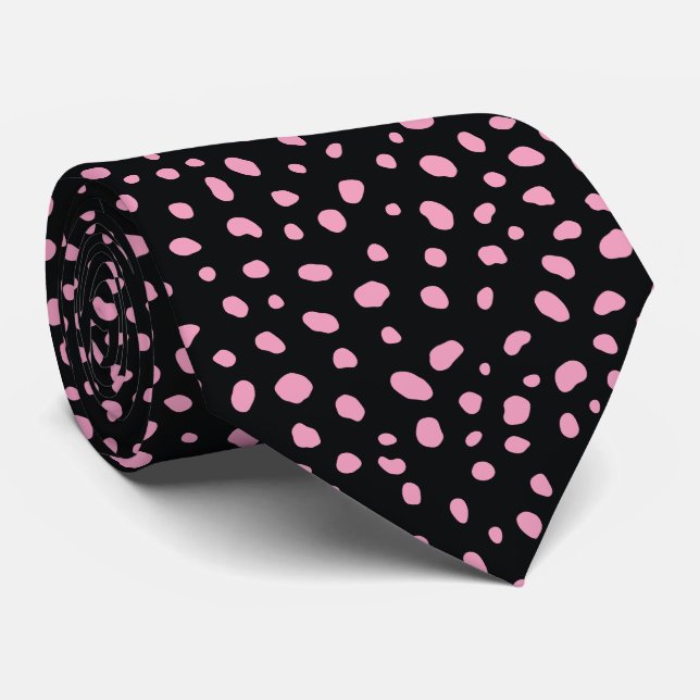 Modern pink black abstract dot spots neck tie (Rolled)