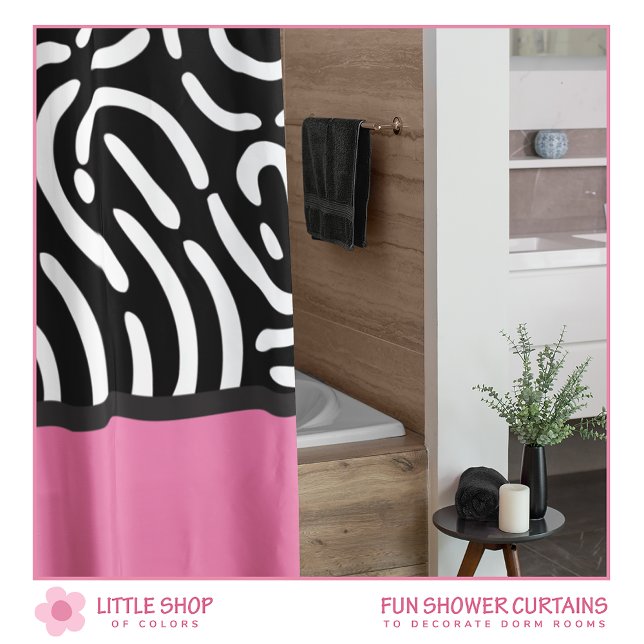 Modern Pink Black Abstract Pattern Dorm Room Shower Curtain (Creator Uploaded)